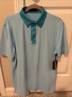 G/FORE Light Blue Striped Polo with Teal Collar